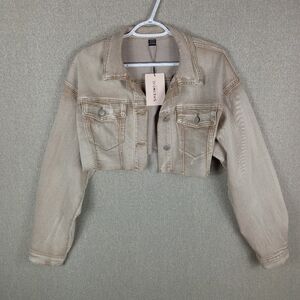 SHEIN Cropped Denim Jacket Womens L Beige Tan Trucker NWT Street Style Casual